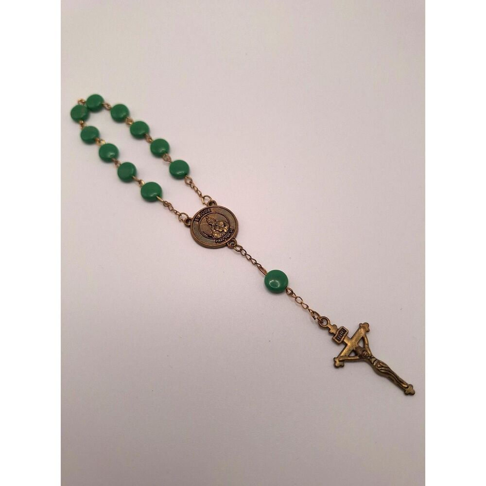 Rosary bracelet cross green stones 7 inches gold tone
